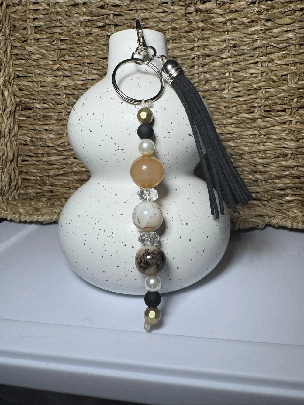 Beaded Tassel Keychain - Black and Cream Bead Accent